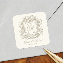 Adesivo Quadrado Elegante Crista de Monograma de Casamento em Marfi