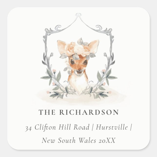 Adesivo Quadrado Elegante Cute Dusky Deer Floral Crest Endereço (Frente)