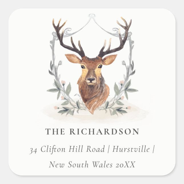 Adesivo Quadrado Elegante Cute Dusky Deer Floral Crest Endereço (Frente)