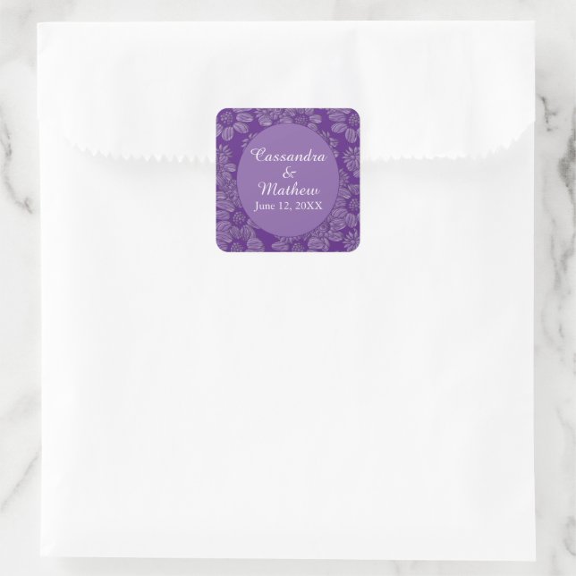 Adesivo Quadrado Elegante Daisies em Casamento Roxo Floral Real (Bolsa)