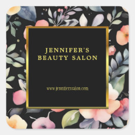 Adesivo Quadrado Elegante de flores aquáticas, preto-e-ouro