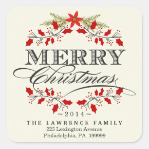 Adesivo Quadrado Elegante de Natal Holly Wreath Square Stickers