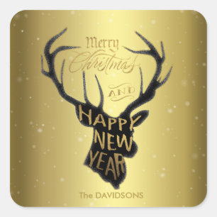 Adesivo Quadrado Elegante Deer Gold Foil Holiday Deseja Tipografia