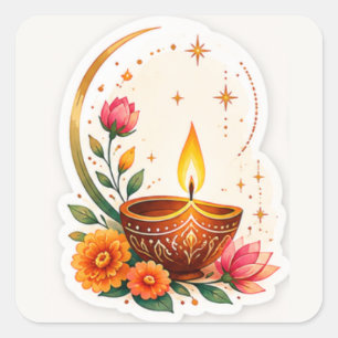 Adesivo Quadrado Elegante Diya Floral Diwali
