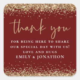 Adesivo Quadrado Elegante Dourada Glitter Burgundy Obrigado Mensage