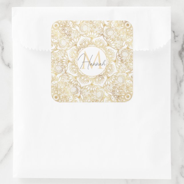 Adesivo Quadrado Elegante Dourado Mandala Floral (Bolsa)