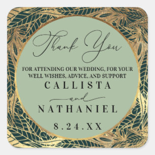 Adesivo Quadrado Elegante Dourado Sage Green Greenery deixa casamen