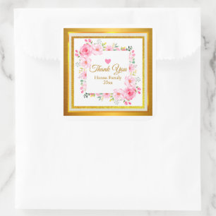 Adesivo Quadrado Elegante Favor de Casamento Agradecimento Floral R