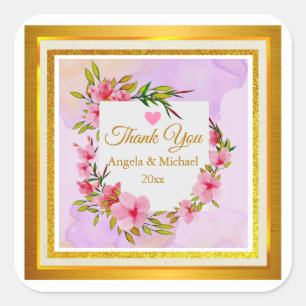 Adesivo Quadrado Elegante Favor de Casamento Agradecimento Floral R