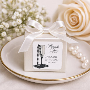 Adesivo Quadrado Elegante Favor de Casamento Preto e Branco Obrigad