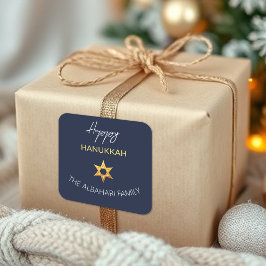 Adesivo Quadrado Elegante Feliz Hanukkah Estrela de Davi Dourada