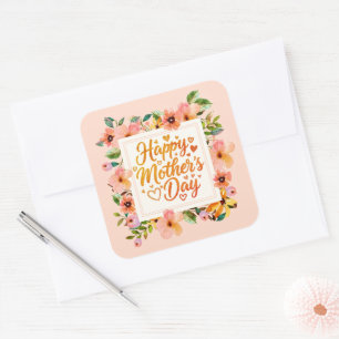 Adesivo Quadrado Elegante Floral Aquarela Feliz Dia das Mães
