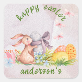 Adesivo Quadrado Elegante Floral Aquarela - Feliz Páscoa 