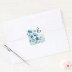 Adesivo Quadrado Elegante Floral Azul & Borboleta Personalizado
