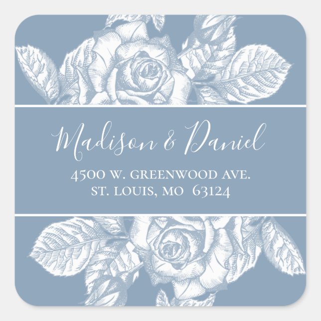 Adesivo Quadrado Elegante Floral Azul Empoeirado para Endereço de R (Frente)