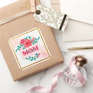 Adesivo Quadrado Elegante Floral em Aquarela "MÃE EU TE AMO" Presen