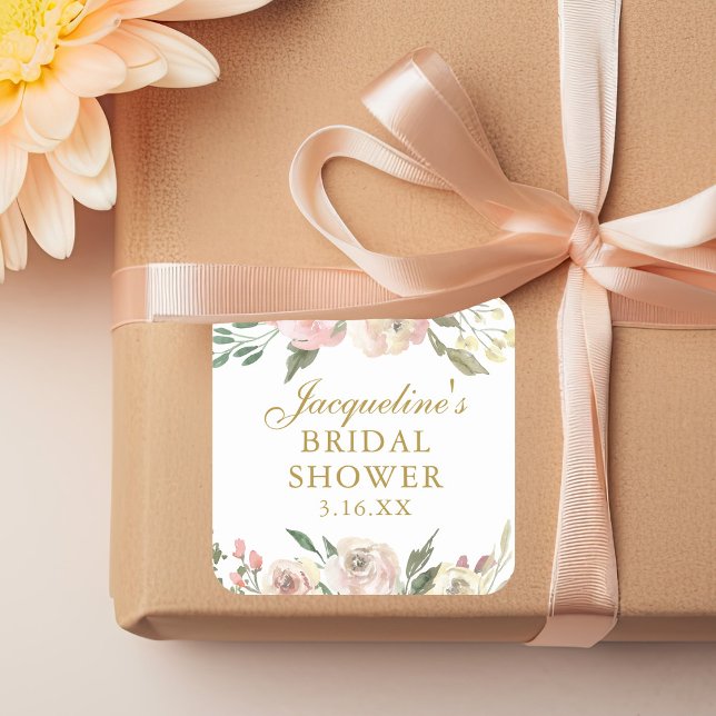 Adesivo Quadrado Elegante Floral Rosa Personalizado Chuveiro de Noi (Criador carregado)