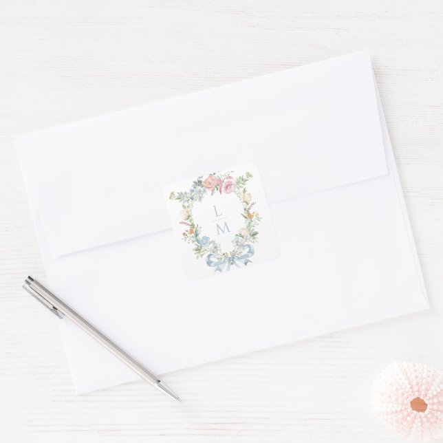 Adesivo Quadrado Elegante Floral Wreath Crest | Casamento Monograma (Envelope)