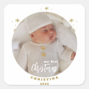 Adesivo Quadrado Elegante Foto do Bebê no Primeiro Natal em 2 Lados
