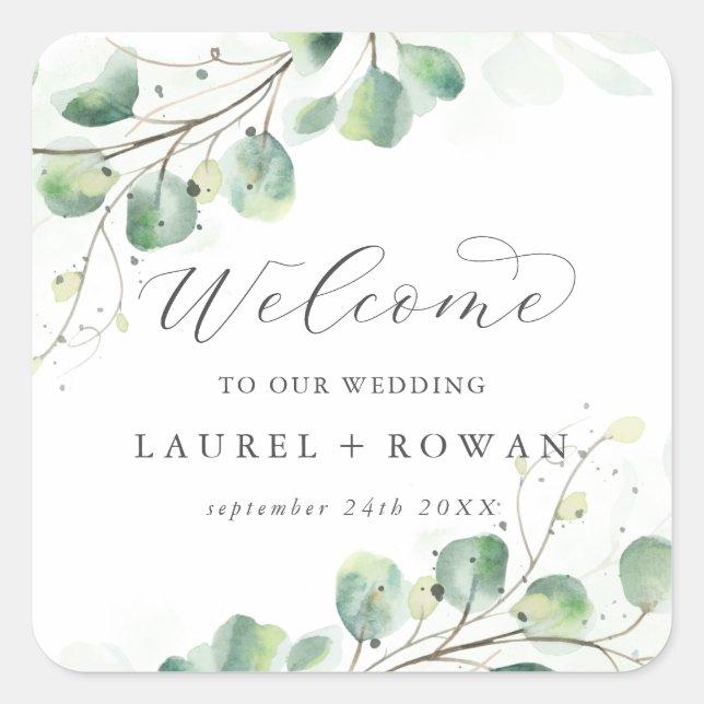Adesivo Quadrado Elegante Greenery Wedding Welcome Square Sticker (Frente)