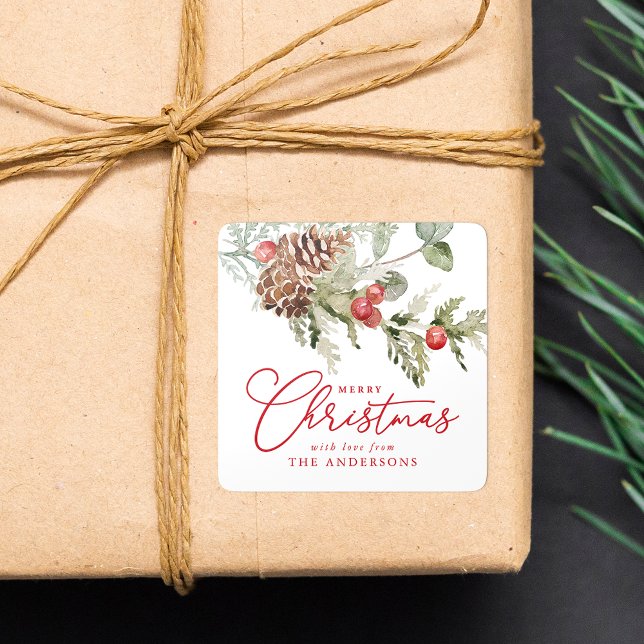 Adesivo Quadrado Elegante Holly Berries e Pine Cones Natal (Criador carregado)