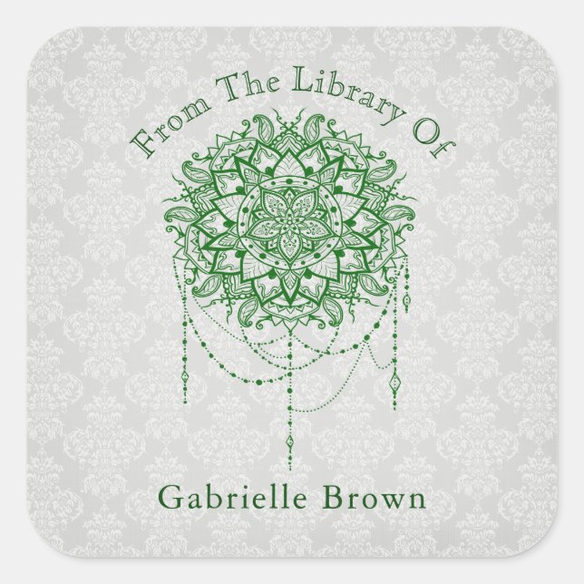 Adesivo Quadrado Elegante Jeweled Zen Mandala Damask Bookplate (Frente)
