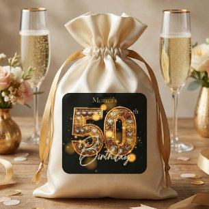 Adesivo Quadrado Elegante Jóia de Diamantes Ouro Preto 50º Aniversá