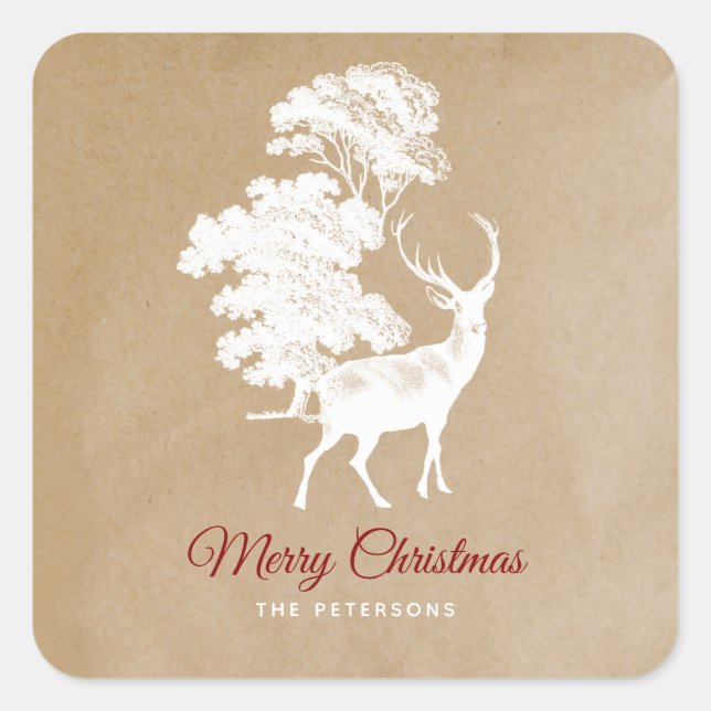 Adesivo Quadrado Elegante Kraft Paper White Deer in Forest (Frente)