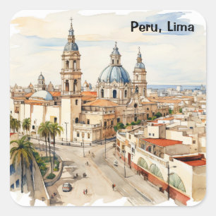 Adesivo Quadrado Elegante Lima Peru Vista Panorâmica Aquarela