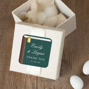 Adesivo Quadrado Elegante Livro Vintage Favor de Casamento Verde Es