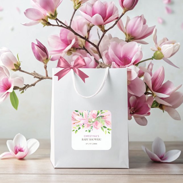 Adesivo Quadrado Elegante Magnolia Rosa Chá de fraldas de Aquarela (Elegant Pink Magnolia Watercolor Baby Shower Square Sticker)