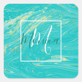 Adesivo Quadrado Elegante Marble design de monograma azul de luxo