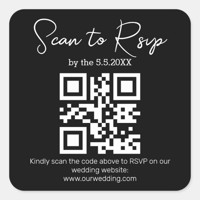 Adesivo Quadrado elegante mínimo rsvp qr code casamento preto branc (Frente)
