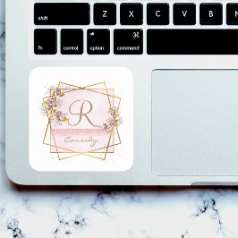 Adesivo Quadrado Elegante Monograma de Rosa em Brilho Dourado Rosa