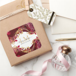 Adesivo Quadrado Elegante Monograma em Script Vermelho Cereja e Dou