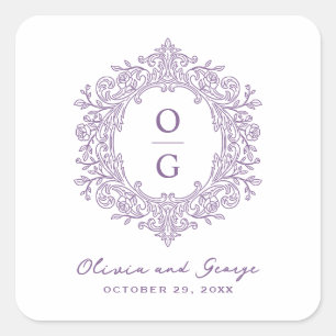 Adesivo Quadrado Elegante Monograma Roxo de Casamento de Família