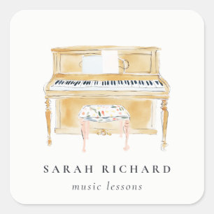 Adesivo Quadrado Elegante Músico de Piano com Música em Aquarela Pr