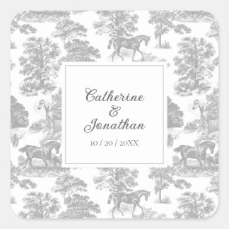 Adesivo Quadrado Elegante Noiva Toile de Cavalo Cinza Branco Vintag