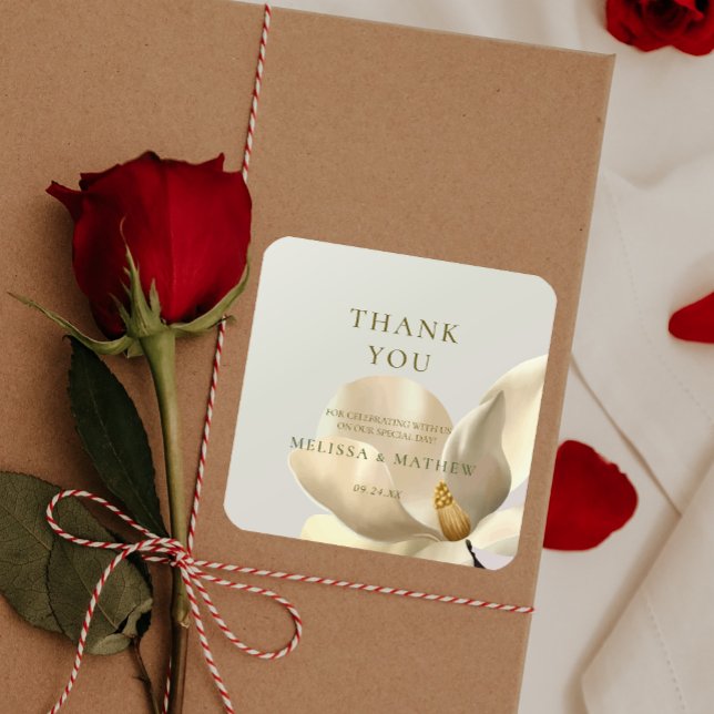 Adesivo Quadrado Elegante Oriental White Magnolia, Favor do Casamen (Elegant Oriental White Magnolia Wedding Favor Square Sticker)