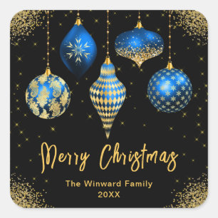 Adesivo Quadrado Elegante Ornamento de Natal Azul e Dourado