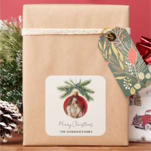 Adesivo Quadrado Elegante Ornamento de Natal em Aquarela Foto da Fa