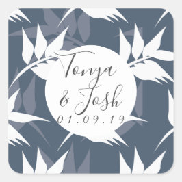 Adesivo Quadrado Elegante Padrão de Folha Botânica Azul Marinho e B