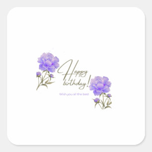 Adesivo Quadrado Elegante Peônia Roxa em Aquarela Feliz Aniversário