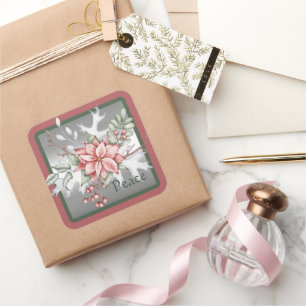 Adesivo Quadrado Elegante poinsettia em aquarela Natal personalizad