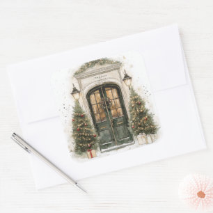 Adesivo Quadrado Elegante porta de brownstone de Natal