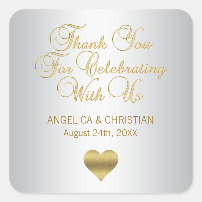 Adesivo Quadrado Elegante Prata e Dourado Obrigado Seals de Casamen (Frente)