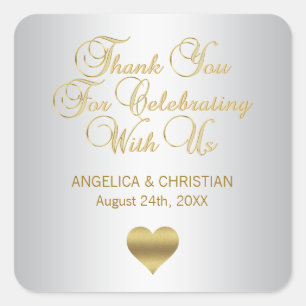 Adesivo Quadrado Elegante Prata e Dourado Obrigado Seals de Casamen