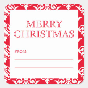 Adesivo Quadrado Elegante Red Damask Merry Christmas Gift Tag