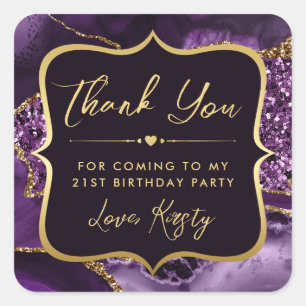 Adesivo Quadrado Elegante Roxo e Dourado Brilho Ágata Aniversário