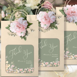 Adesivo Quadrado Elegante Sage Green Wildflower Obrigado